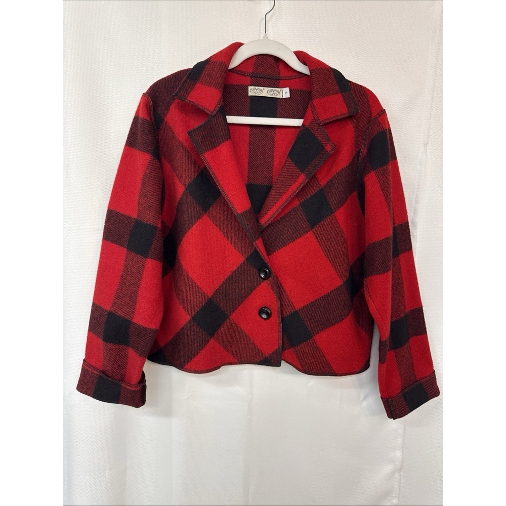 VTG Cameleon Y2K Buffalo Check Red Black Wool Sz S Jacket Oversized Pea Coat Art
